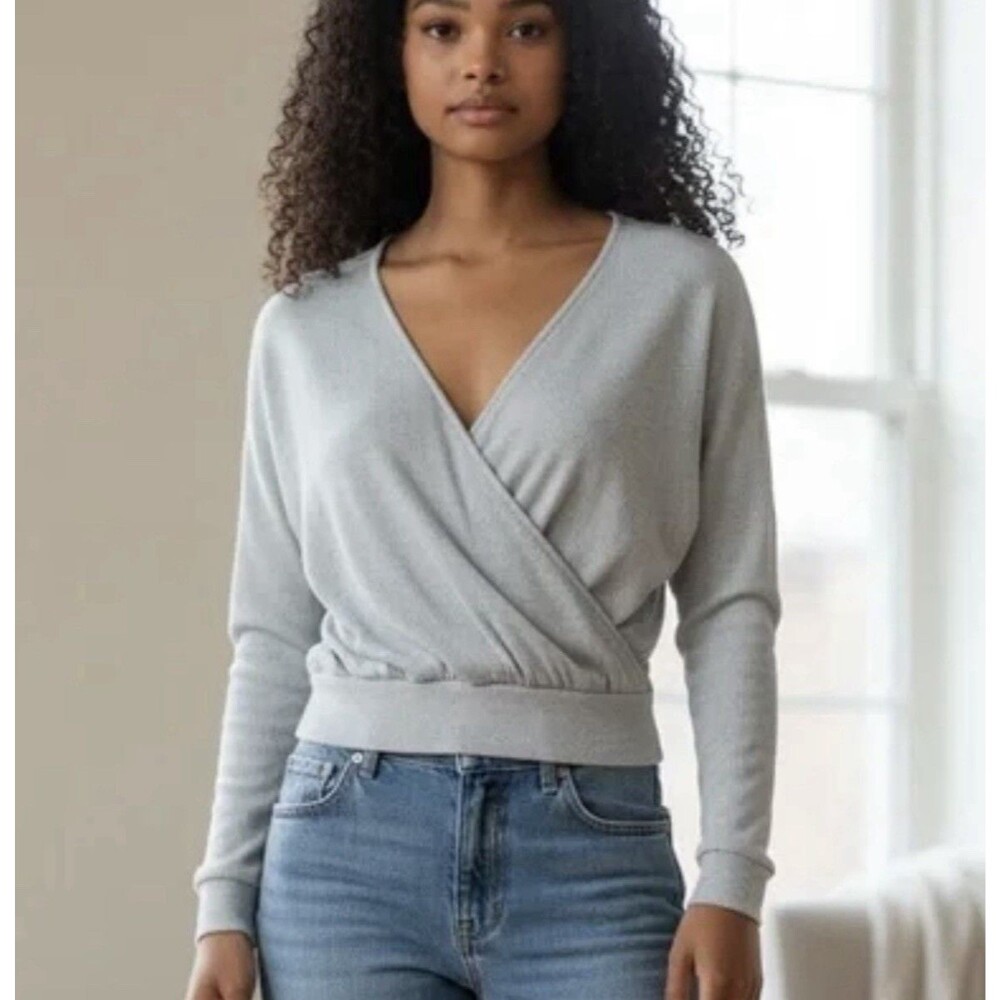 Banana Republic Baby Blue Cozy Ribbed Wrap-Style Sweater Top Womens sz S